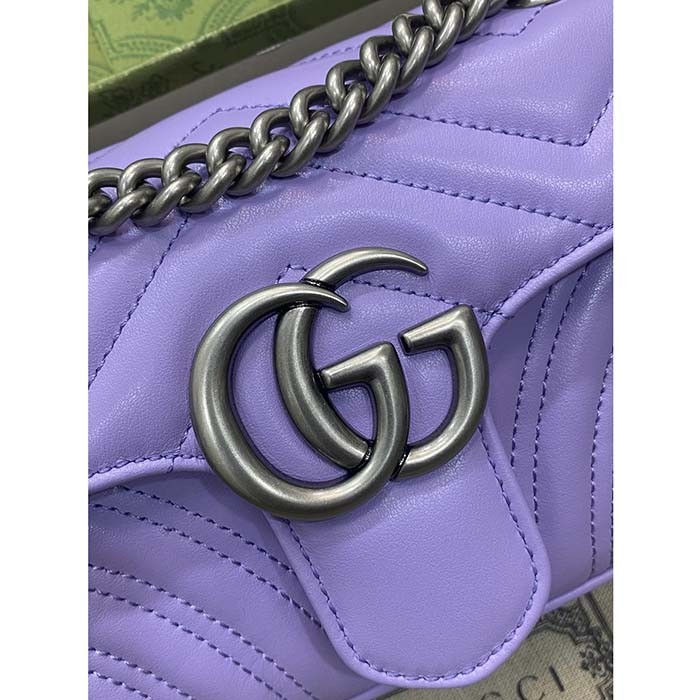 Gucci Women GG Marmont Small Shoulder Bag Lilac Matelassé Chevron Heart Double G