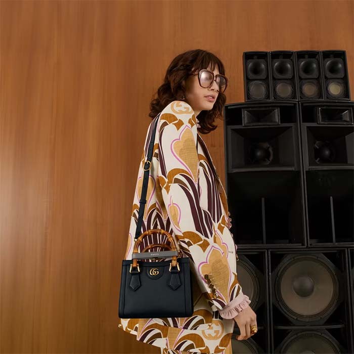 Gucci GG Women Diana Mini Tote Bag Black Leather Double G