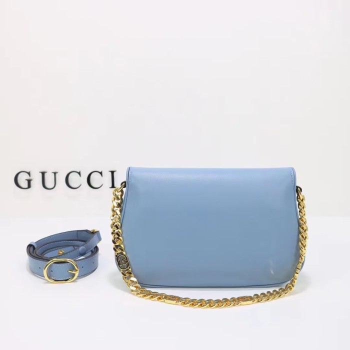 Gucci Women GG Blondie Shoulder Bag Blue Leather Round Interlocking G