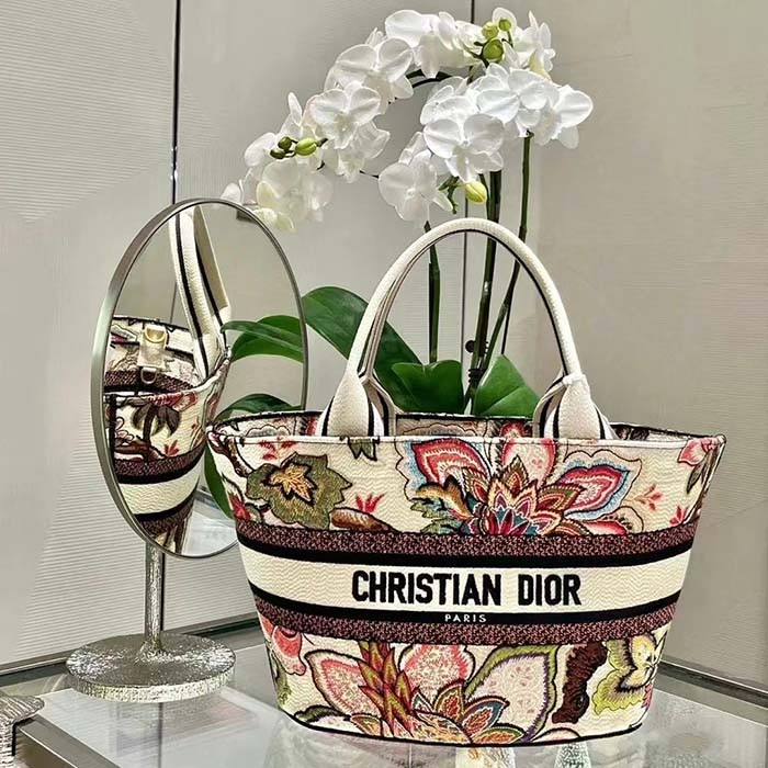 Dior Women CD Hat Basket Bag Natural Multicolor Albero Della Vita Embroidery