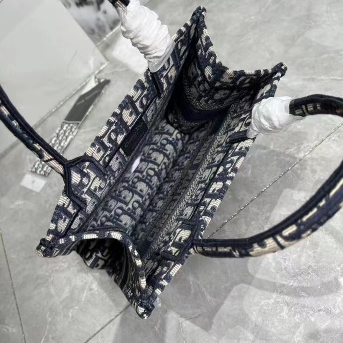 Dior Women Small Dior Book Tote Blue Dior Oblique Embroidery