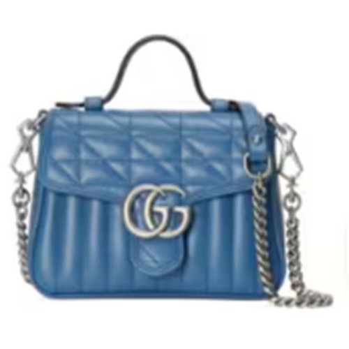 Gucci Women GG Marmont Mini Top Handle Bag Blue Matelassé Leather Double G