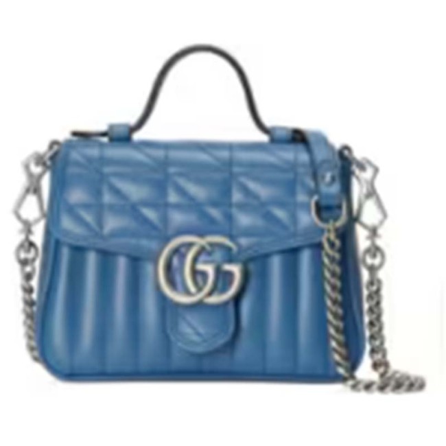 Gucci Women GG Marmont Mini Top Handle Bag Blue Matelassé Leather Double G