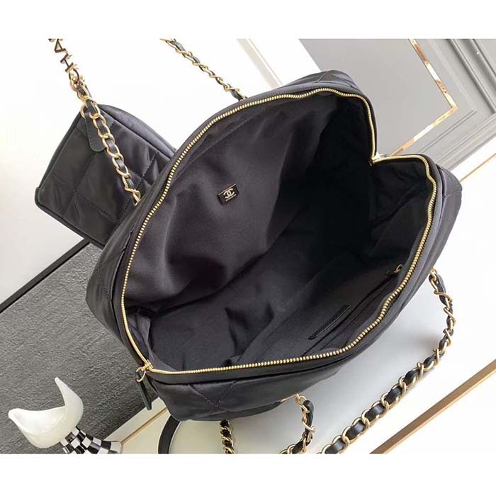 Chanel Women CC Large Bowling Bag Satin Gold-Tone Metal Black