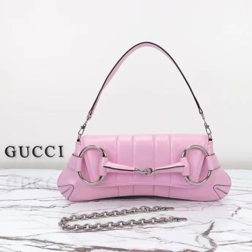 Gucci Women Horsebit Chain Medium Shoulder Bag Pink Iridescent Quilted Leather Maxi Horsebit Style ‎764255 AAC31 5826