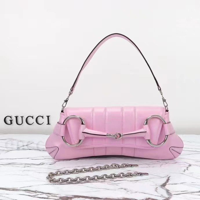 Gucci Women Horsebit Chain Medium Shoulder Bag Pink Iridescent Quilted Leather Maxi Horsebit Style ‎764255 AAC31 5826