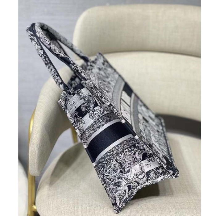 Dior Women CD Medium Book Tote Navy Blue Toile De Jouy Stripes Embroidery