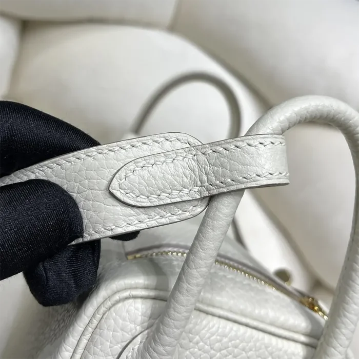Hermes Women Lindy Mini 19 in Clemence Leather-White/Gold