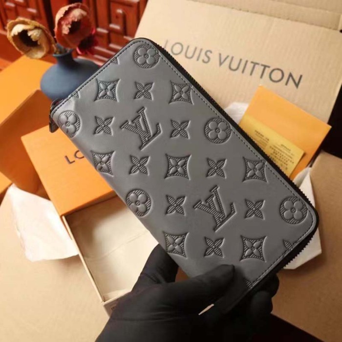 Louis Vuitton LV Unisex Zippy Wallet Galet Gray Mahina Perforated Calf Leather