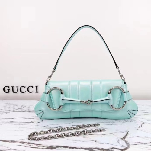 Gucci Women Horsebit Chain Medium Shoulder Bag Light Blue Quilted Leather Maxi Horsebit Style ‎764255 AACU1 4811