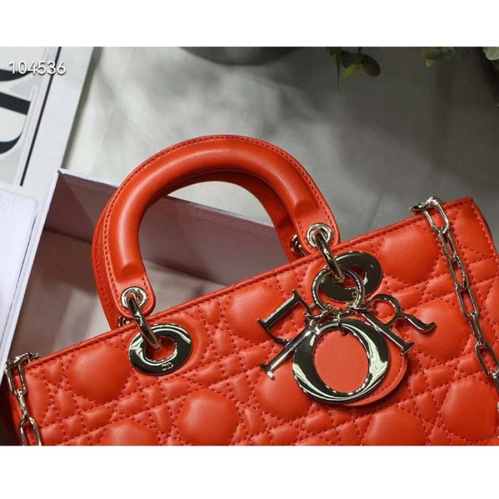 Dior Women Lady D-Joy Bag Bright Orange Cannage Lambskin