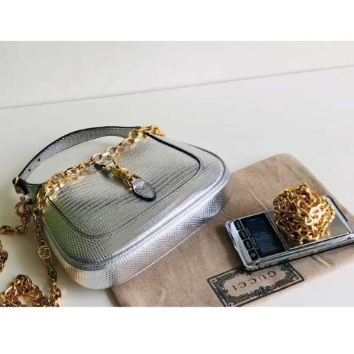 Gucci Women Jackie 1961 Lizard Mini Bag Silver Lamé Lizard