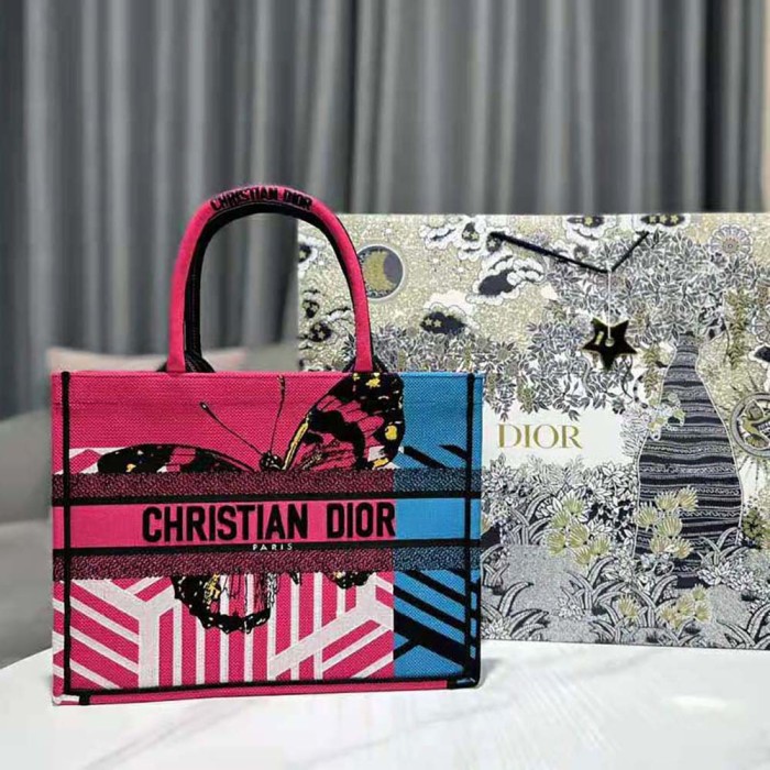 Dior Women Medium Dior Book Tote Bright Blue and Pink D-Jungle Pop Embroidery