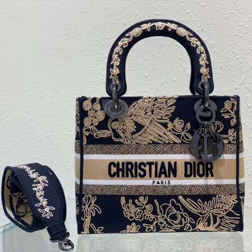 Dior Women CD Medium Lady D-Lite Bag Black Cornely-Effect Jardin D'Hiver Embroidery