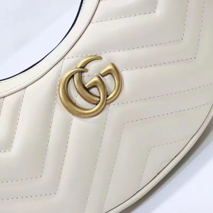 Gucci Women GG Marmont Half-Moon-Shaped Mini Bag White Matelassé Chevron
