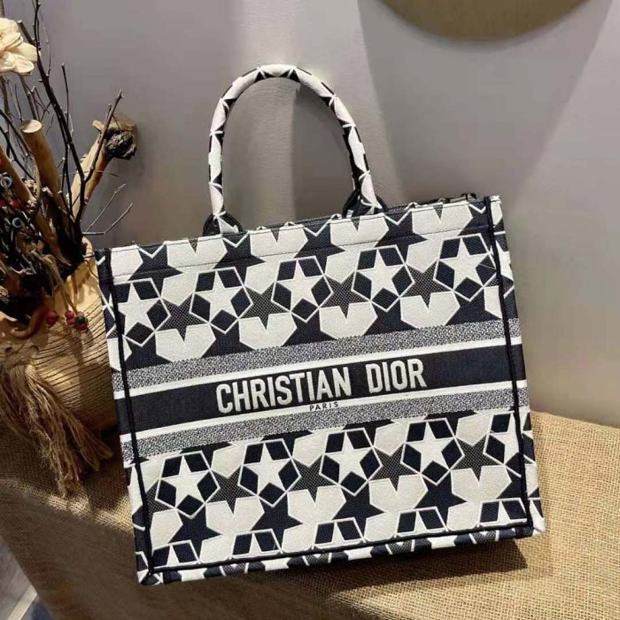 Dior Women Large Dior Book Tote Blue and White Dior Etoile Embroidery