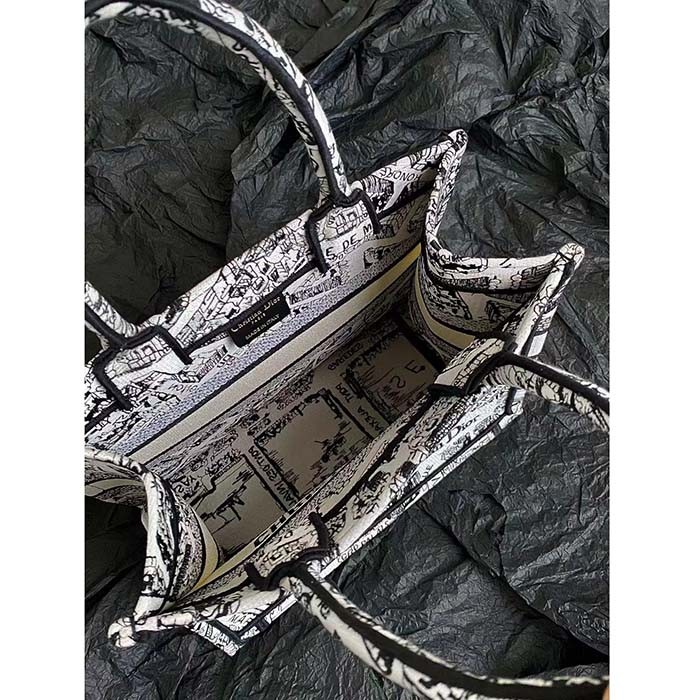 Dior Unisex CD Medium Book Tote White Black Plan De Paris Embroidery