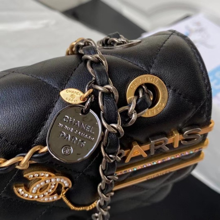 Chanel Women Small Flap Bag Black Lambskin Glass Pearls Strass Gold Silver