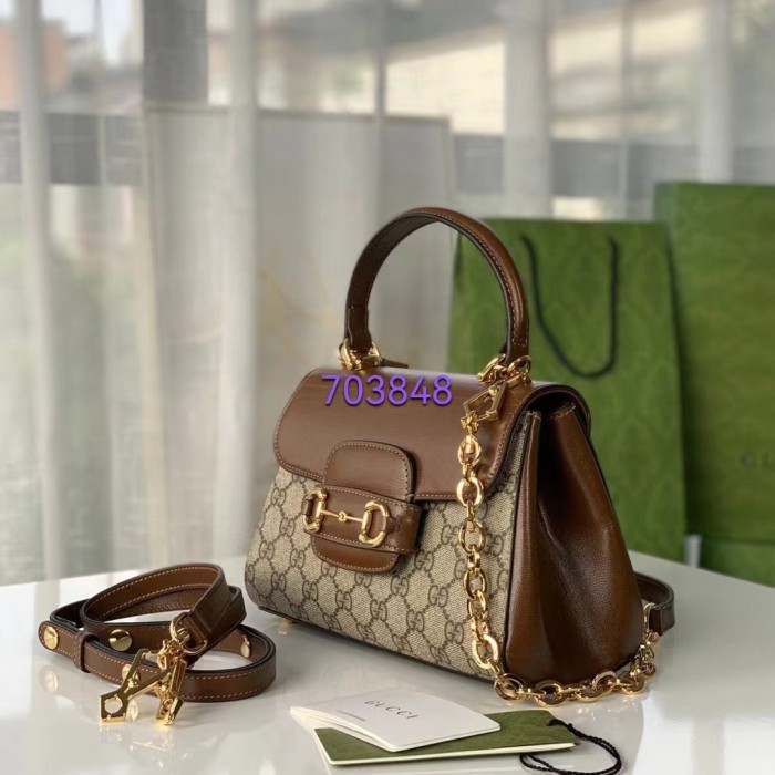 Gucci GG Women Horsebit 1955 Top Handle Bag Light Brown Gold Toned Hardware