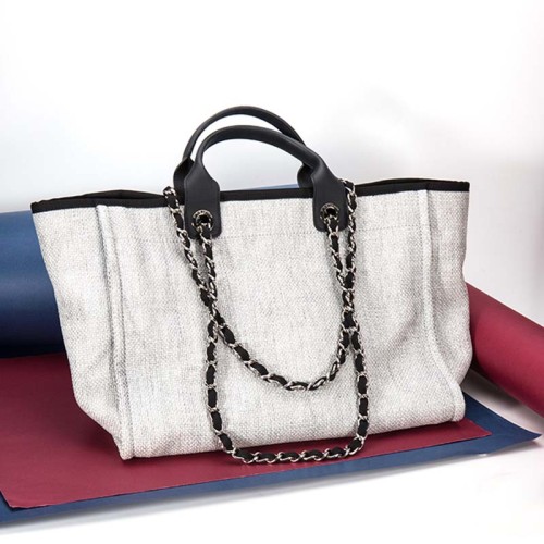 Chanel Women Deanville Shopping Bag Mummy Bag in Canvas and Leather-Grey