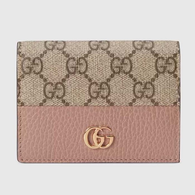 Gucci Unisex GG Marmont Card Case Wallet Double G Beige Ebony GG Supreme Canvas Pink Leather Style 658610 17WAG 5788