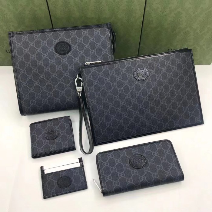 Gucci Unisex GG Card Case Interlocking G Black GG Supreme Canvas Black Leather
