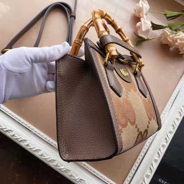 Gucci Women Gucci Diana Jumbo GG Mini Tote Bag Camel Brown Canvas
