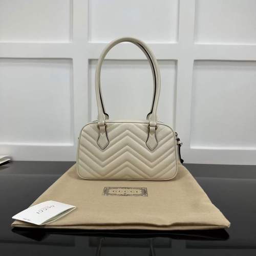 Gucci Women GG Marmont Small Top Handle Bag White Matelassé Leather Chevron