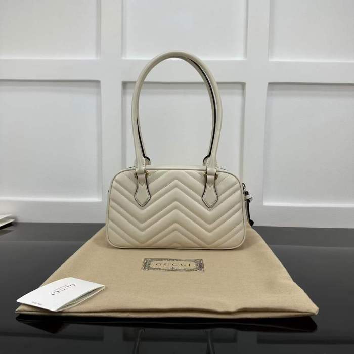 Gucci Women GG Marmont Small Top Handle Bag White Matelassé Leather Chevron
