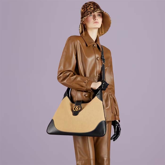 Gucci Women GG Aphrodite Large Shoulder Bag Beige Black Cotton Canvas Black Leather