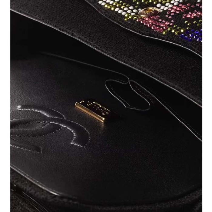 Chanel Women CC Classic Handbag Embroidered Tweed Glass Beads Strass Metal Black Multicolor
