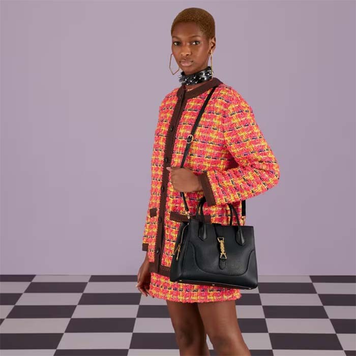 Gucci Women GG Jackie 1961 Small Natural Grain Tote Black Leather Medium Size