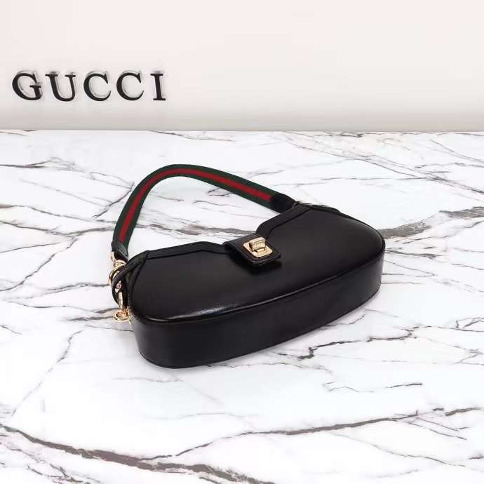 Gucci Women GG Moon Side Mini Shoulder Bag Black Leather Turn Lock