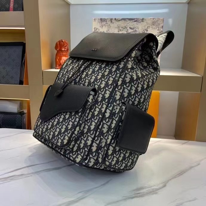 Dior Unisex CD Saddle Backpack Beige Black Dior Oblique Jacquard Grained Calfskin