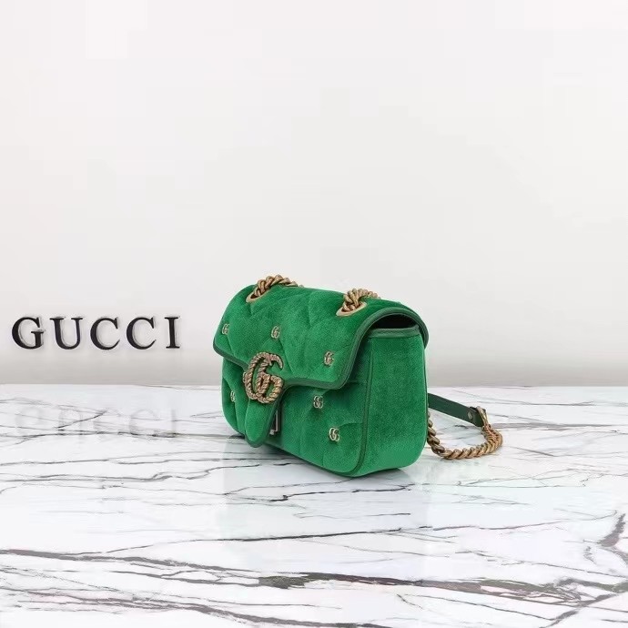 Gucci Women GG Marmont Mini Shoulder Bag Green Quilted Chevron Velvet Leather Double G