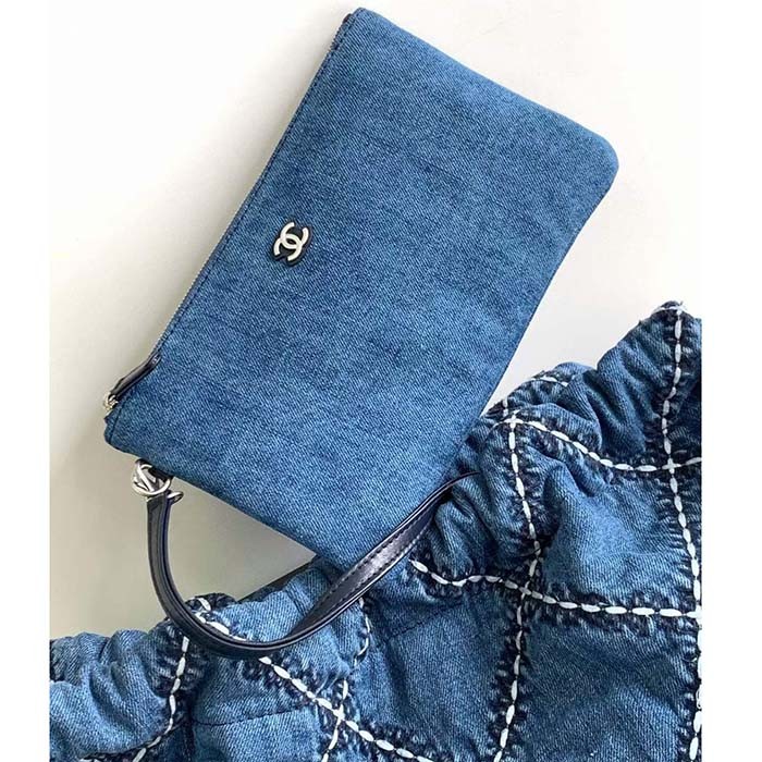 Chanel Women CC 22 Small Handbag Stitched Denim Silver Metal Blue