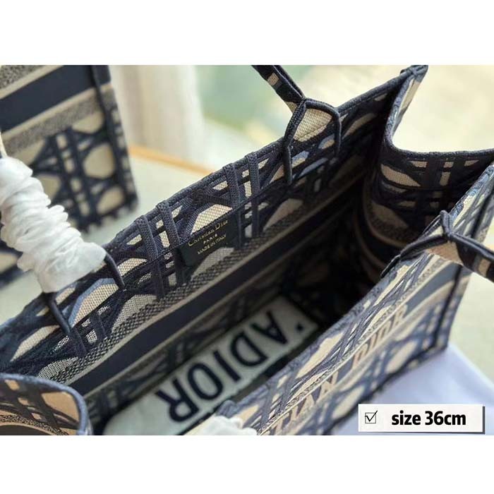 Dior Unisex CD Medium Dior Book Tote Beige Blue Macrocannage Embroidery