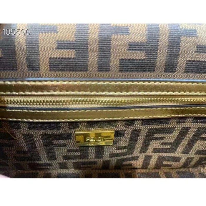 Fendi Women FF Brooch Mini Baguette Fendace Bag Gold Perforated Leather