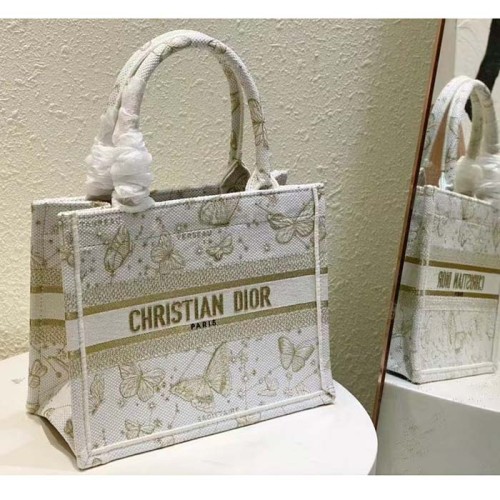 Dior Women CD Medium Dior Book Tote White Butterfly Zodiac Embroidery