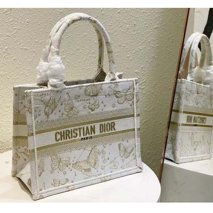 Dior Women CD Medium Dior Book Tote White Butterfly Zodiac Embroidery