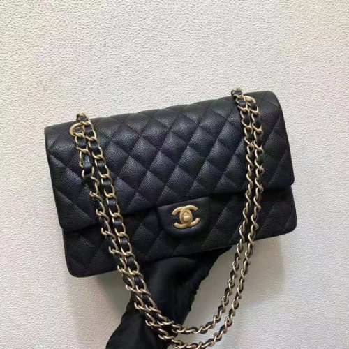 Chanel Women Classic Handbag in Grained Calfskin Leather-Black