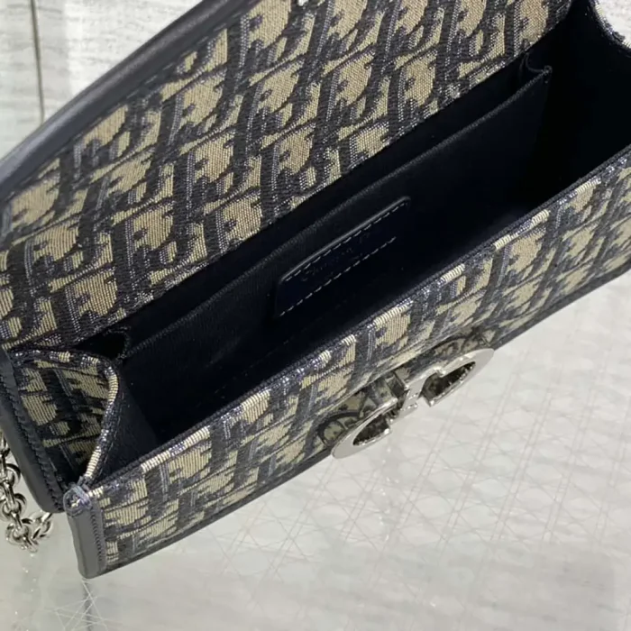 Dior Women 30 Montaigne East-West Bag with Chain Blue Dior Oblique Jacquard and Smooth Calfskin