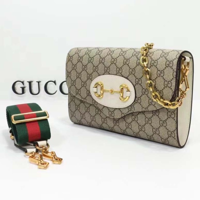 Gucci Women Horsebit 1955 Small Bag Beige Ebony GG Supreme Canvas White Leather