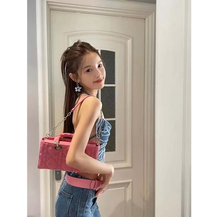 Dior Women CD Medium Lady D-Joy Bag Bright Pink Cannage Denim