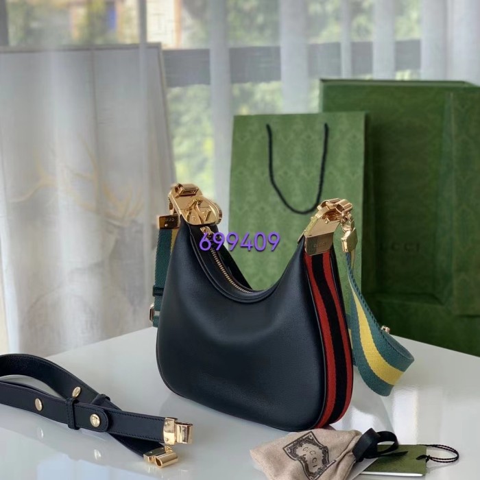 Gucci Women Attache Small Shoulder Bag Black Leather Orange Black Web