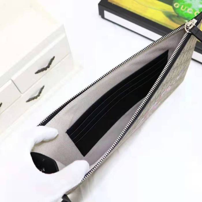 Gucci GG Men Gucci Bestiary Pouch with Kingsnake in Beige/Ebony GG Supreme Canvas