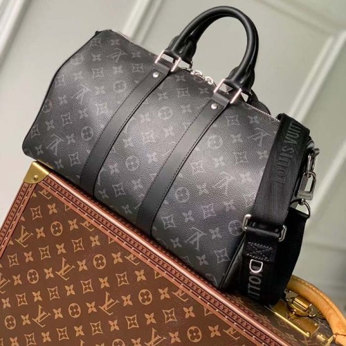 Louis Vuitton LV Unisex Keepall Bandoulière 35 Monogram Eclipse Coated Canvas Cowhide Leather