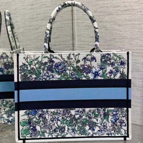 Dior Women CD Medium Book Tote White Multicolor Flowers Constellation Embroidery
