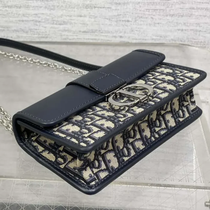 Dior Women 30 Montaigne East-West Bag with Chain Blue Dior Oblique Jacquard and Smooth Calfskin