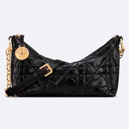 Dior Women CD Diorstar Hobo Bag Chain Black Macrocannage Crinkled Calfskin Reference: S3202UNIO_M900